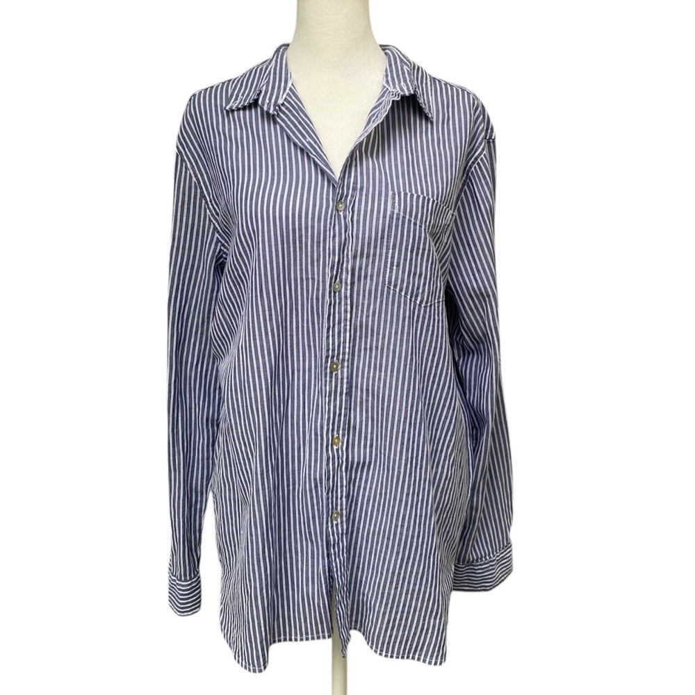 Iris Blue Stripped Cotton Button Front Long Sleeve Top